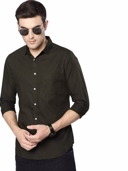 Men Solid Cotton Casual Olive Shirt
