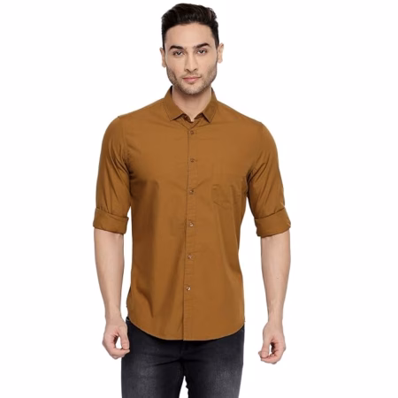 Men Solid Cotton Casual Brown Shirt