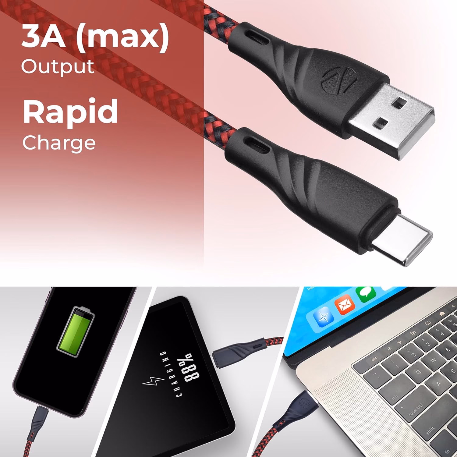 Zebronics USB Type C Cable 1.5 m ZEB-UT300?(Compatible with Mobile, Red + Black) - Image 4