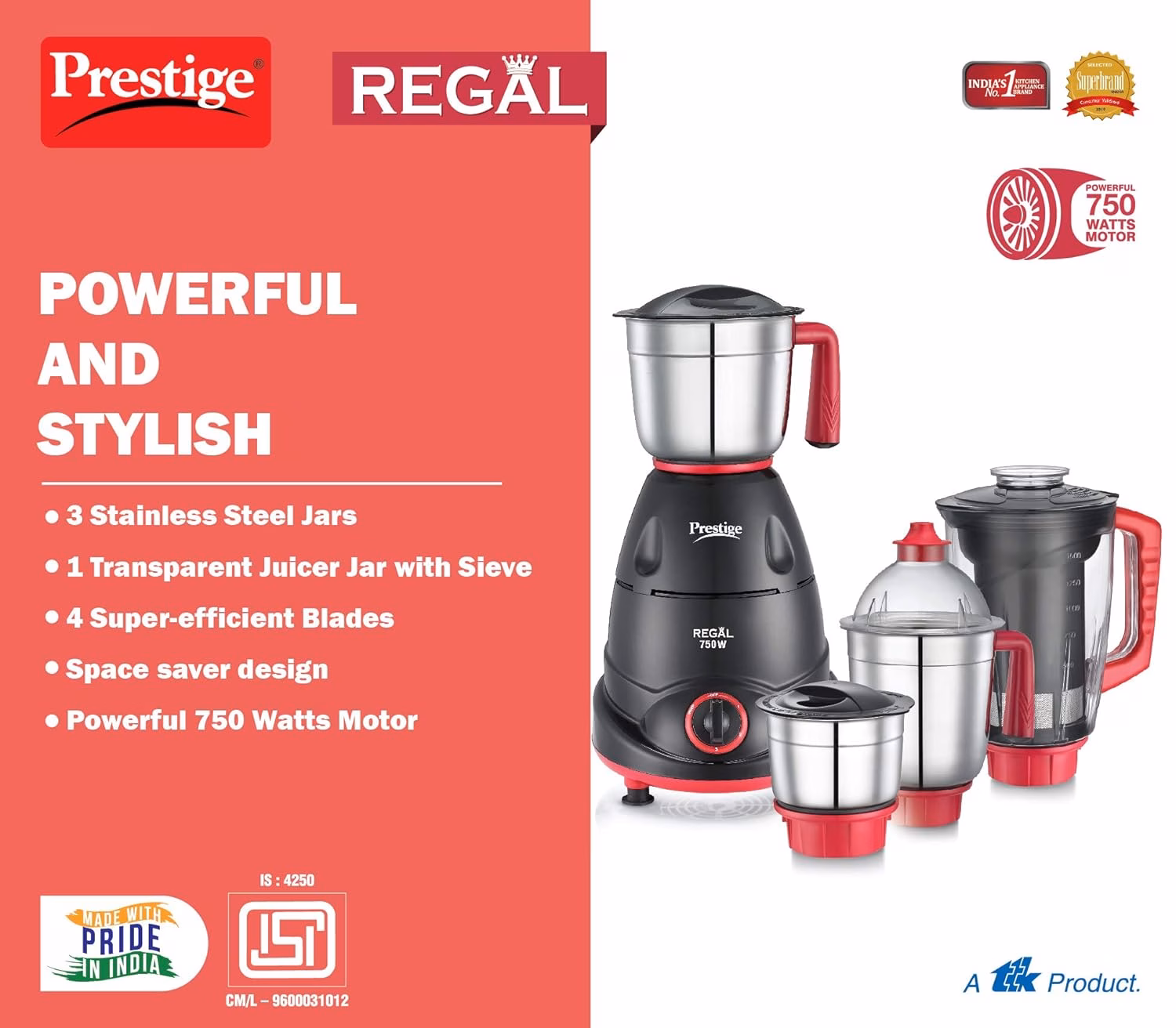 Prestige Regal_ 750 Juicer Mixer Grinder (4 Jars,Red and Black) - Image 4