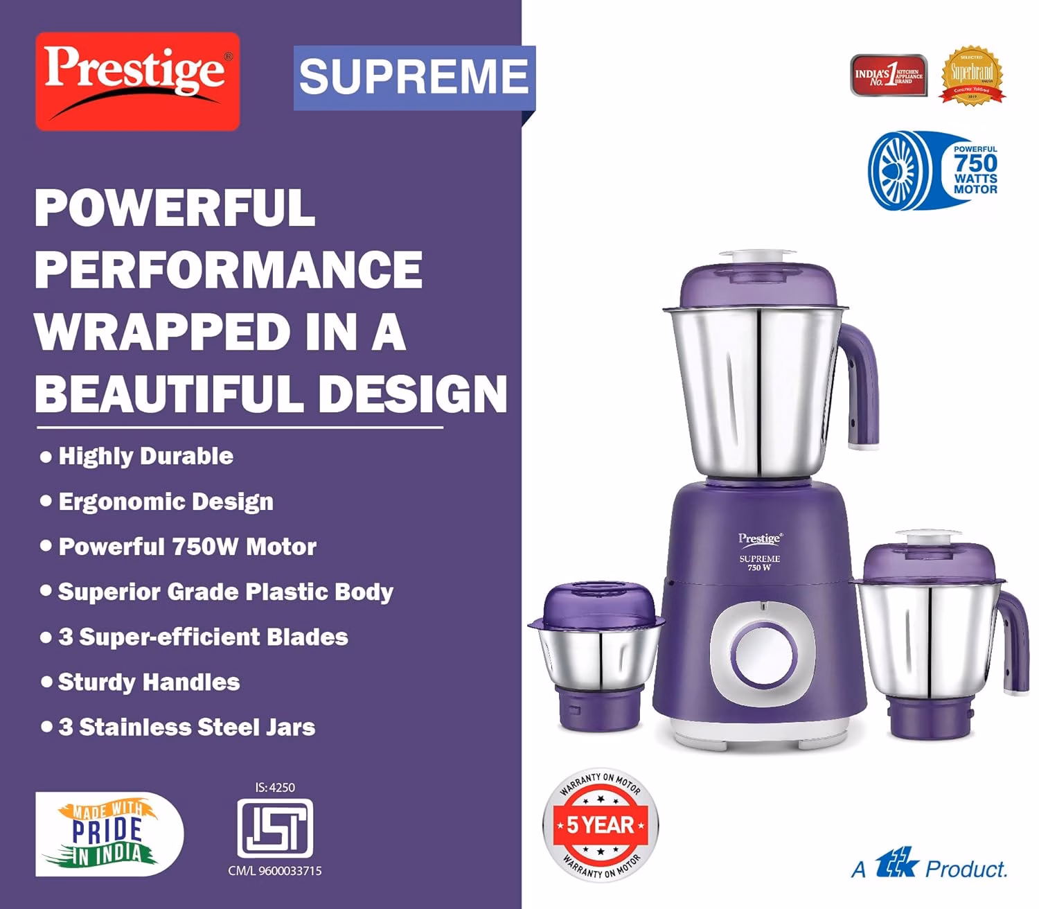 Prestige SUPREME 750 W Mixer Grinder,3 Jars (1500 ml,1200 ml,450 ml) 750 Juicer Mixer Grinder (3 Jars,Violet) - Image 4