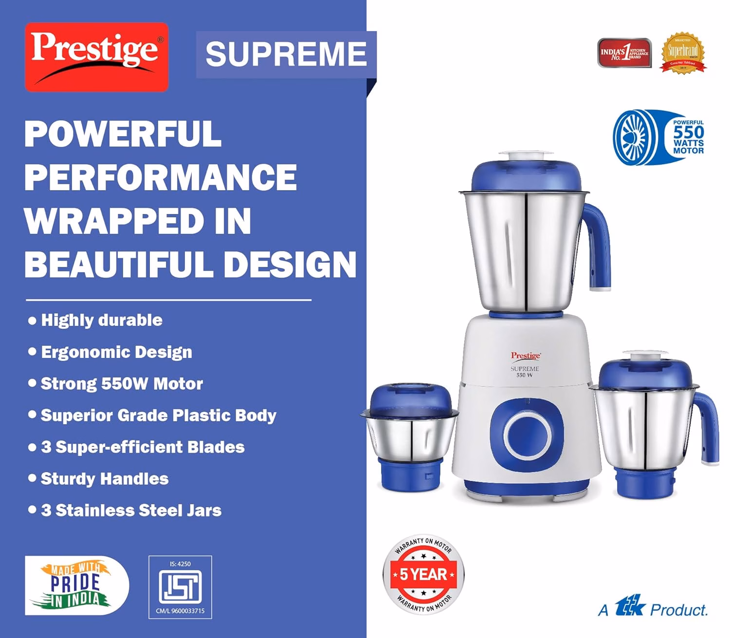 Prestige SUPREME 550 W Mixer Grinder,3 Jars (1500 ml,1200 ml,450 ml) 550 Juicer Mixer Grinder (3 Jars,Blue & Silver) - Image 4