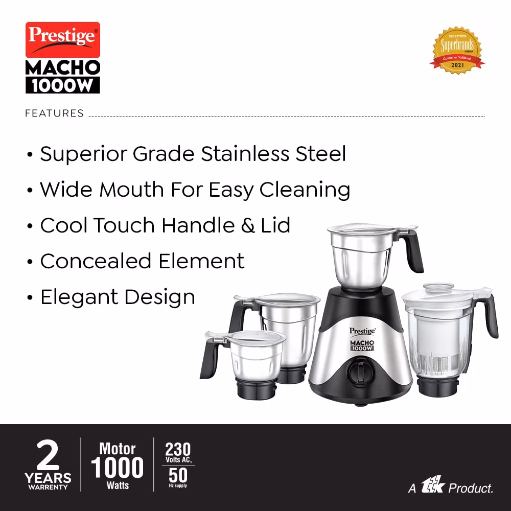 Prestige MACHO 1000W MACHO MIXER GRINDER 1000 Juicer Mixer Grinder (4 Jars,SILVER / BLACK) - Image 4