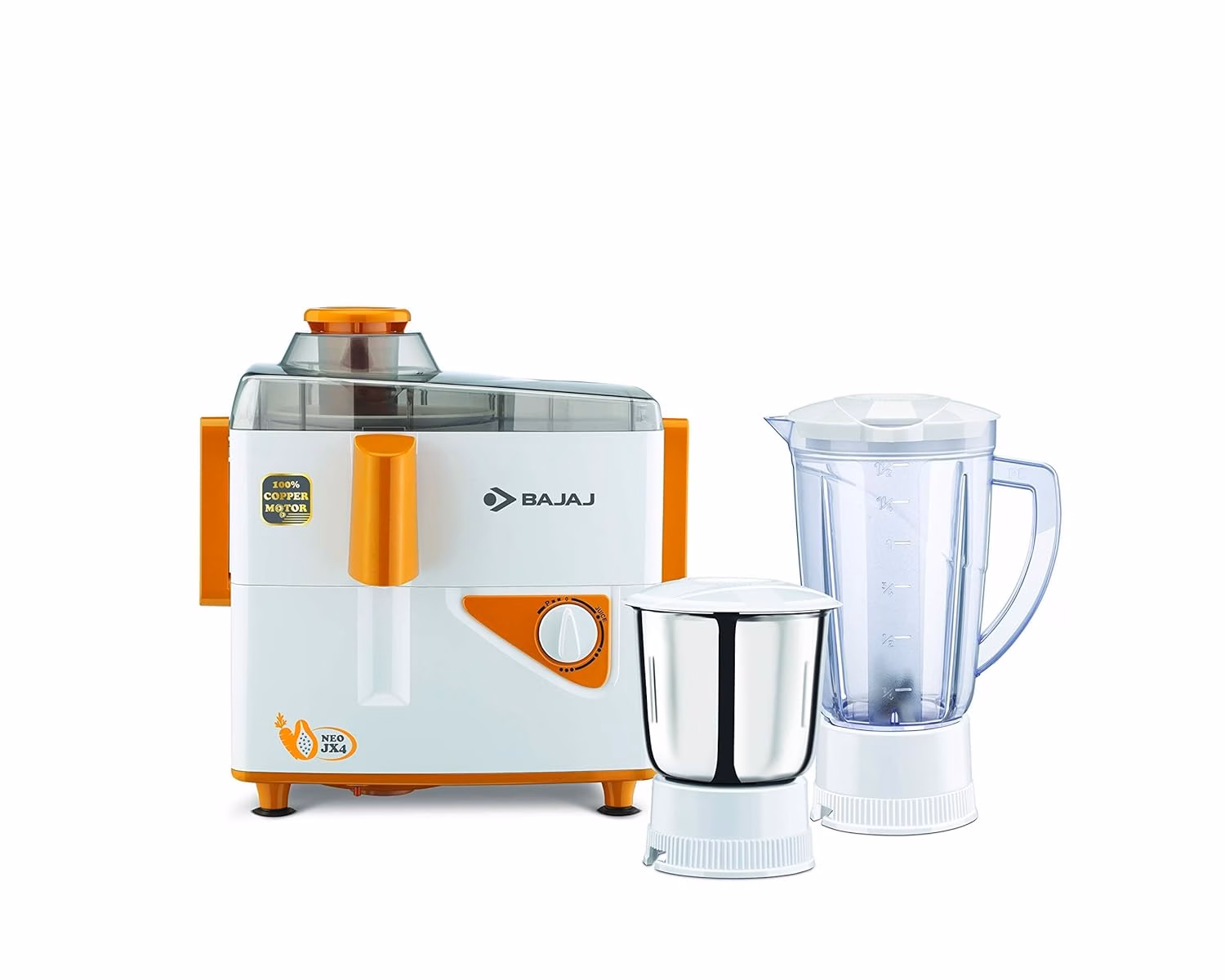 Bajaj Neo Jx4 450-Watt Juicer Mixer Grinder With 2 Jars (White/Orange)