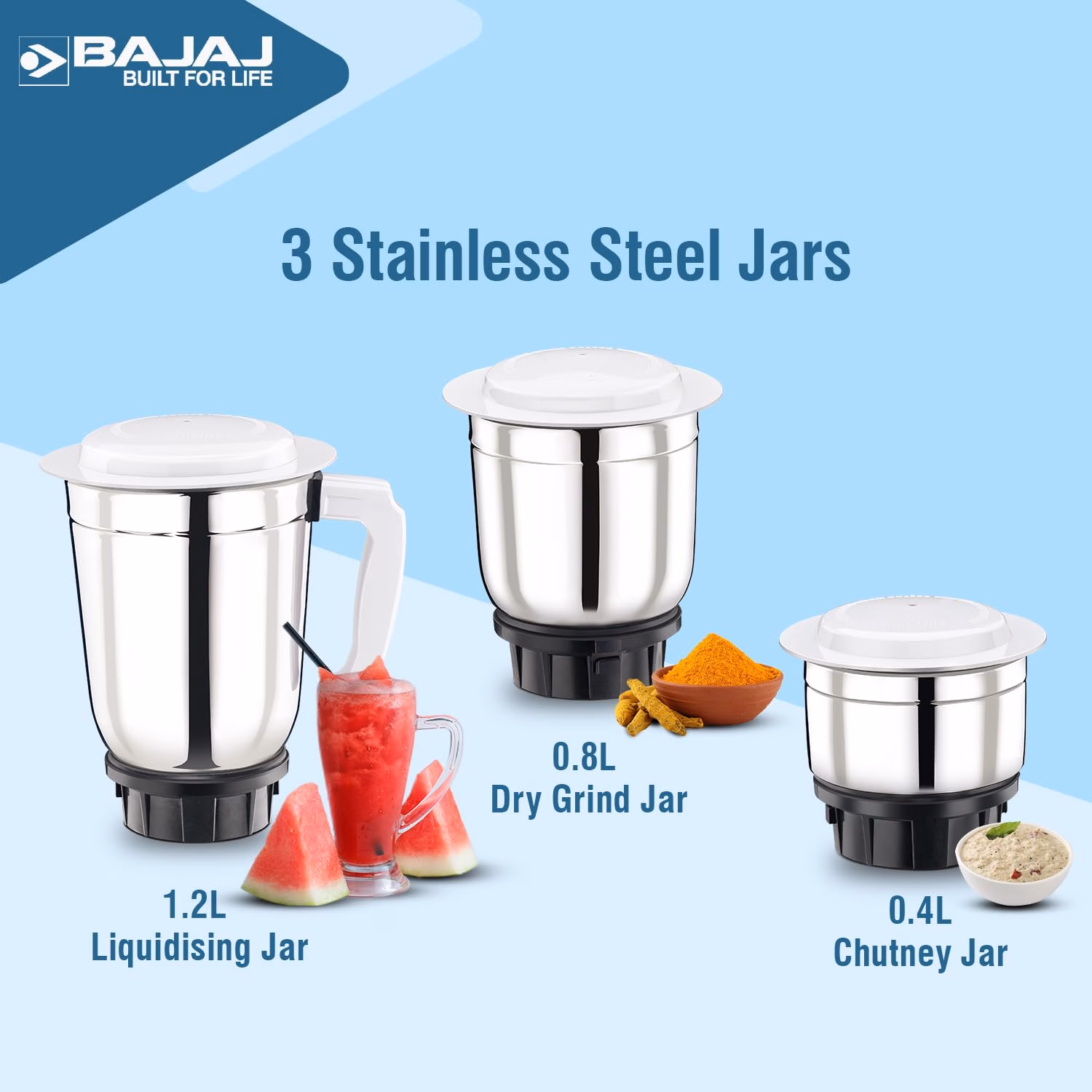 Bajaj GX 1 500 W Juicer Mixer Grinder (3 Jars,White) - Image 4