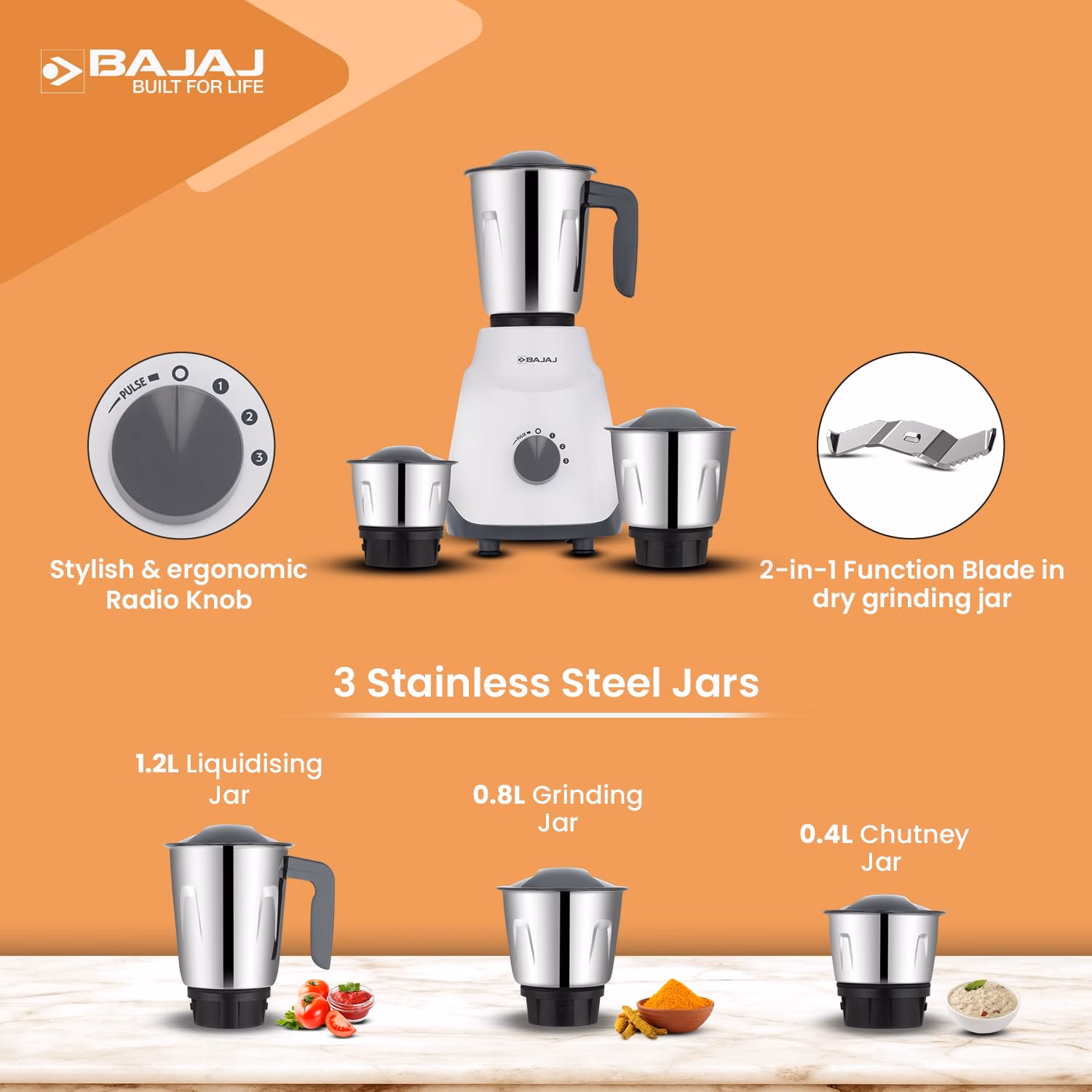 Bajaj 410579 3 500 W Juicer Mixer Grinder (3 Jars,white/grey) - Image 4
