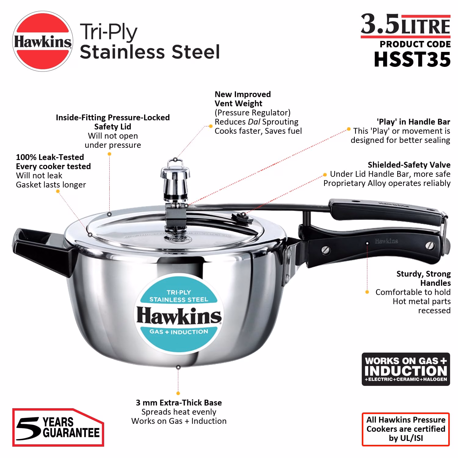 Hawkins Triply Stainless Steel (HSST35) 3.5 L Induction Bottom Pressure Cooker?(Triply) - Image 4