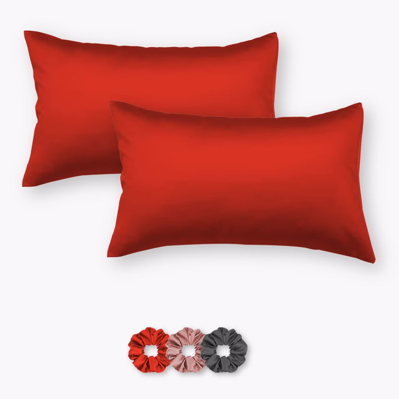 Seasons Luxurious Satin Silk Pillow Covers/Pillowcases with Envelope Closure, Soft Comfortable Protects Hair and Skin - 17 inch x 27 inch - Set of 2 with 3 Satin Schrunchies (Red)