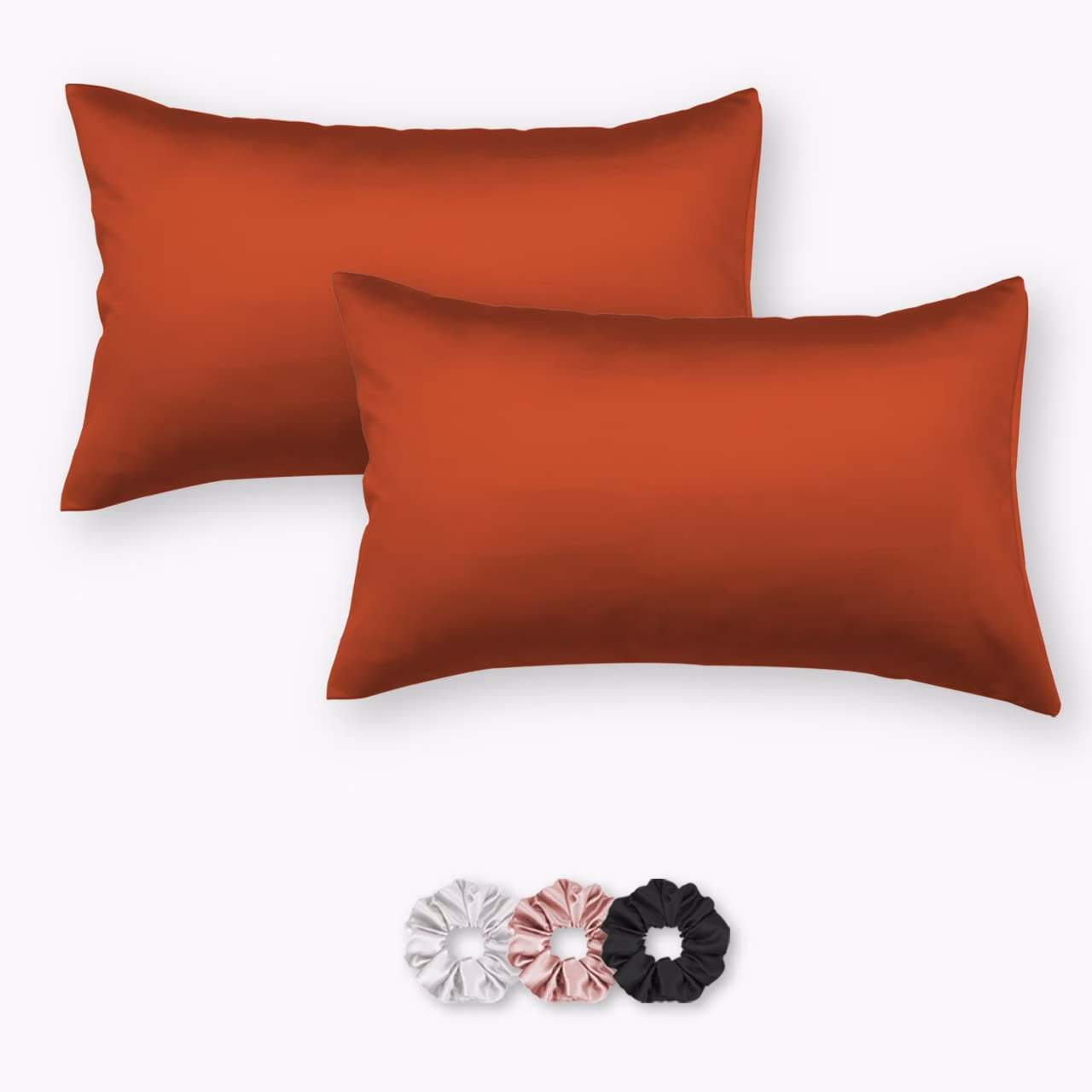 Seasons Luxurious Satin Silk Pillow Covers/Pillowcases with Envelope Closure, Soft Comfortable Protects Hair and Skin - 17 inch x 27 inch - Set of 2 with 3 Satin Schrunchies (Rust)