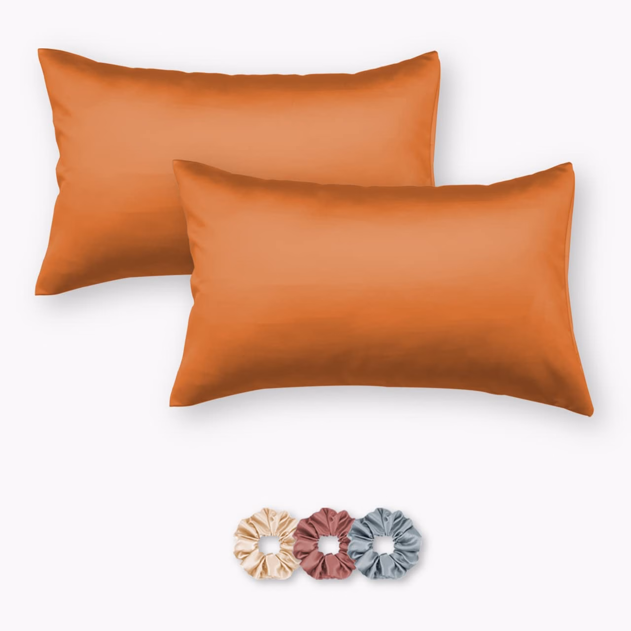 Seasons Luxurious Satin Silk Pillow Covers/Pillowcases with Envelope Closure, Soft Comfortable Protects Hair and Skin - 20 inch x 30 inch - Set of 2 with 3 Satin Schrunchies (Orange)