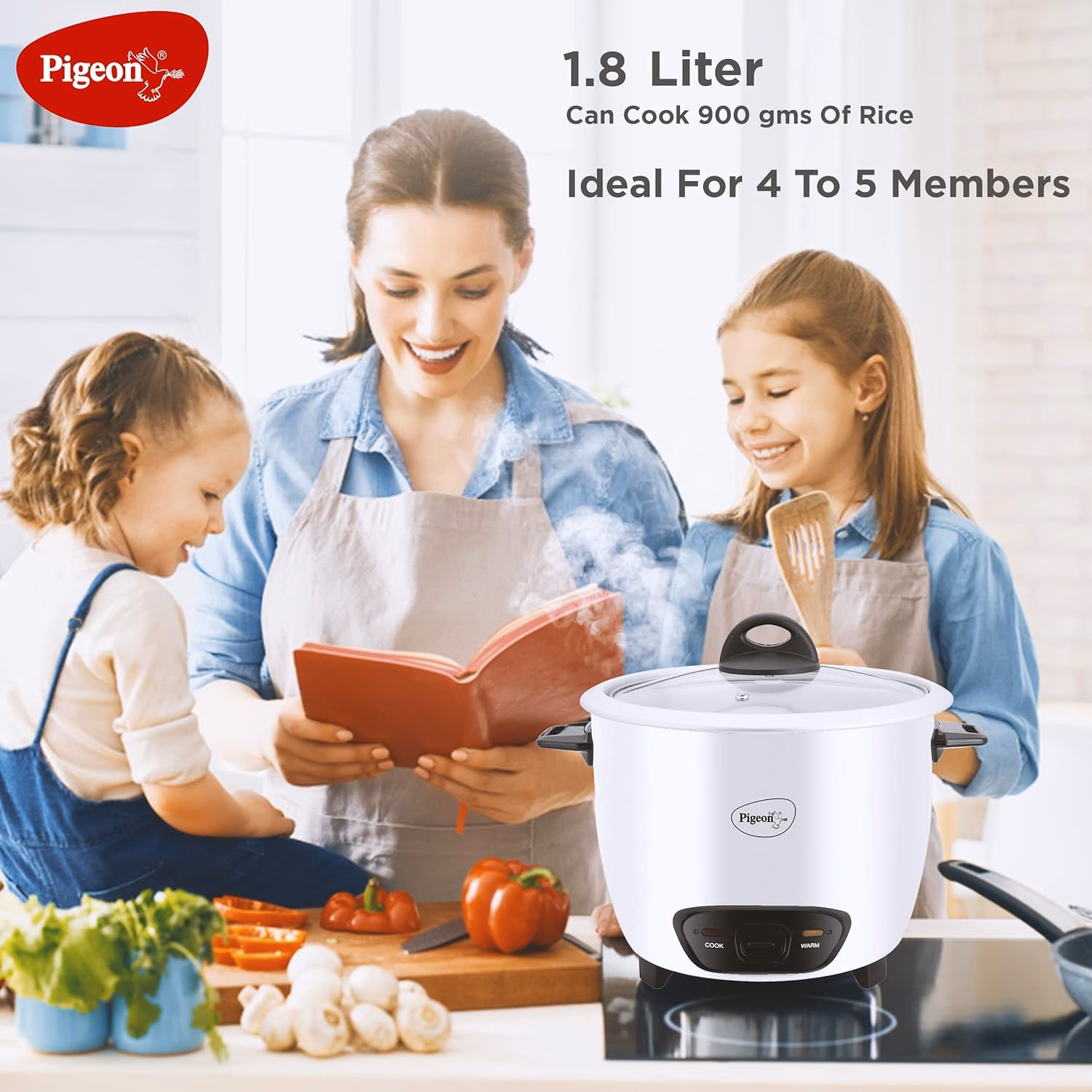 Pigeon joy (with ss lid) - 1.8 l (single pot) Electric Rice Cooker with Steaming Feature??(1.8 L, White, Pack of 3) - Image 3