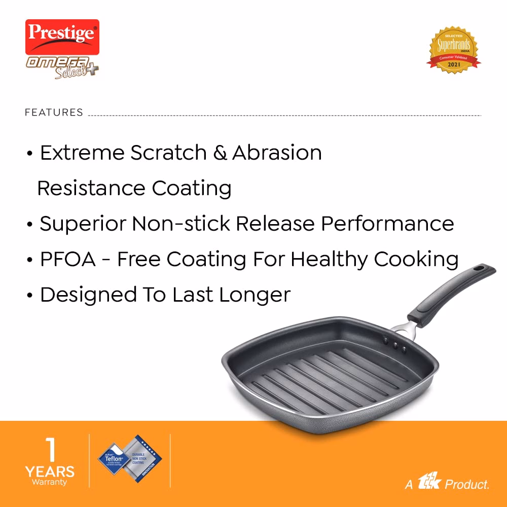 Prestige Omega Select Plus Square grill pan 250mm Grill Pan 25 cm diameter 1.8 L capacity (Aluminium, Non-stick). - Image 4