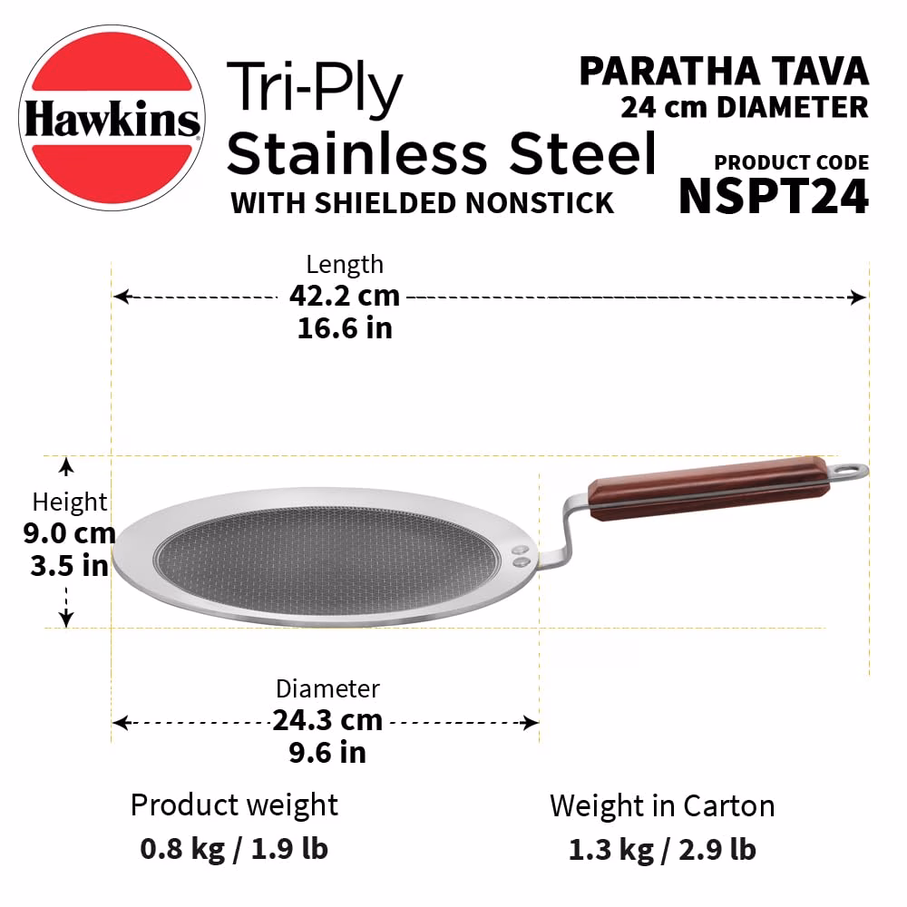 Hawkins Paratha Tava, Triply Stainless Steel Shielded Honeycomb Nonstick (NSPT24) Tawa 24 cm diameter - Image 3