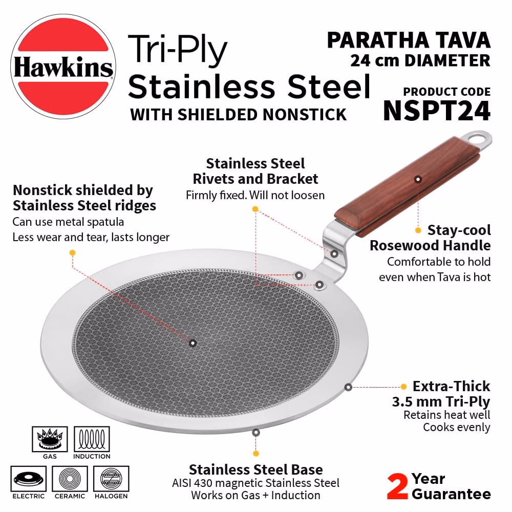 Hawkins Paratha Tava, Triply Stainless Steel Shielded Honeycomb Nonstick (NSPT24) Tawa 24 cm diameter