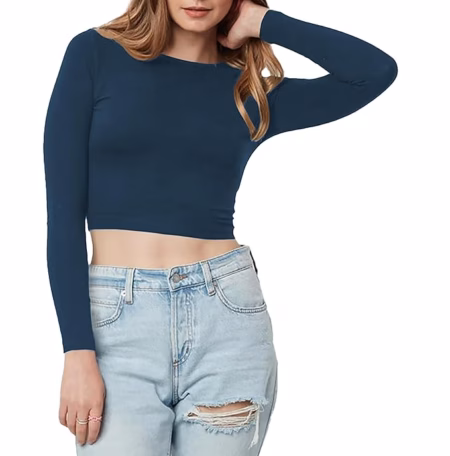 Women Cotton Boat Neck Navy Top