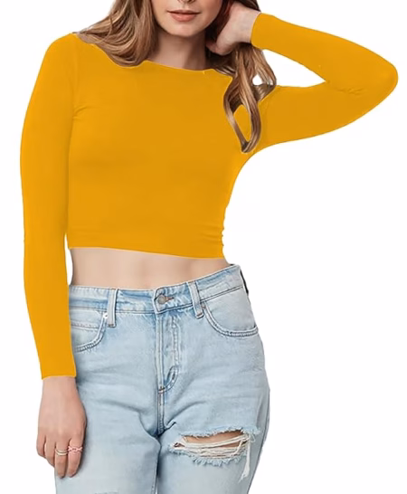 Women Cotton Boat Neck Yellow Top