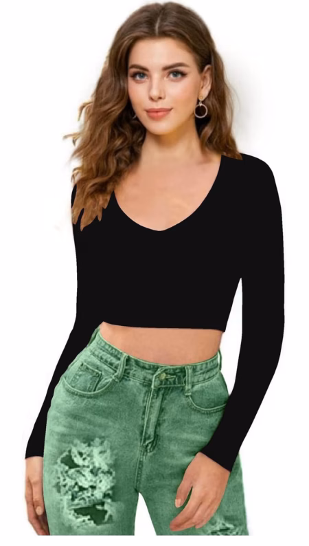 Women V-Neck Black Crop Top
