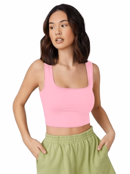 Women Square Neck Baby Pink Tank Tops