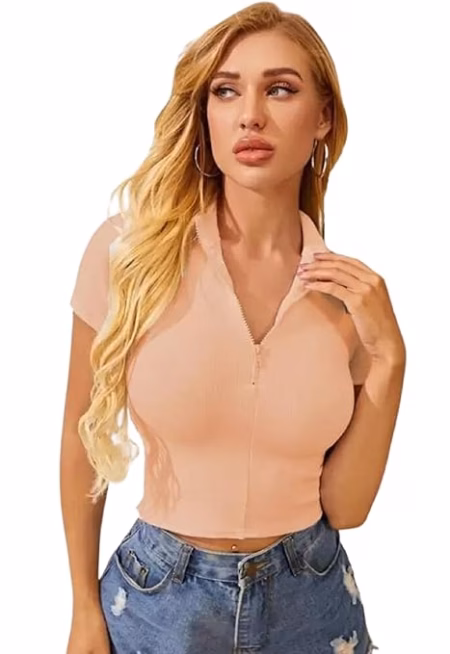 Women Collar V-Neck Peach Crop Top