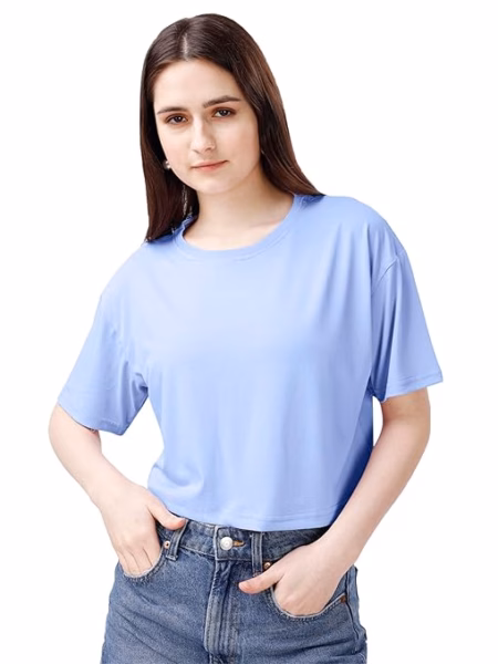 Women Oversized Sky Blue Crop Top