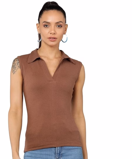 Women Collared Neck Brown Crop Top