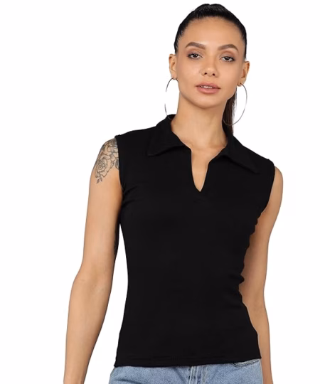 Women Collared Neck Black Crop Top