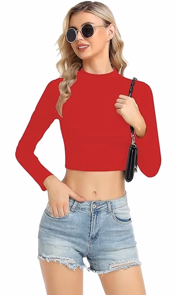 Women High Neck Red Crop Top