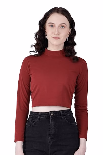 Women High Neck Maroon Crop Top