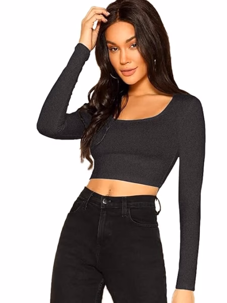 Women Solid Slim Fit Charcoal Crop Top