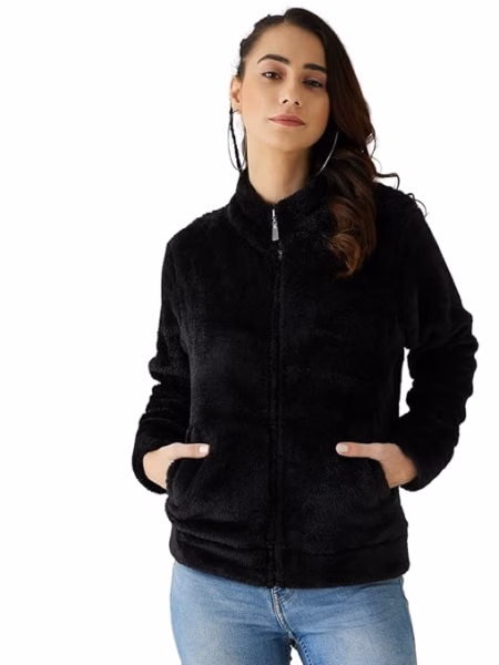 Women Full Sleeve Fur Black Jacket