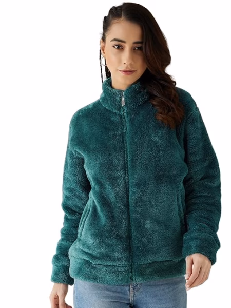 Women Full Sleeve Fur Teal Jacket
