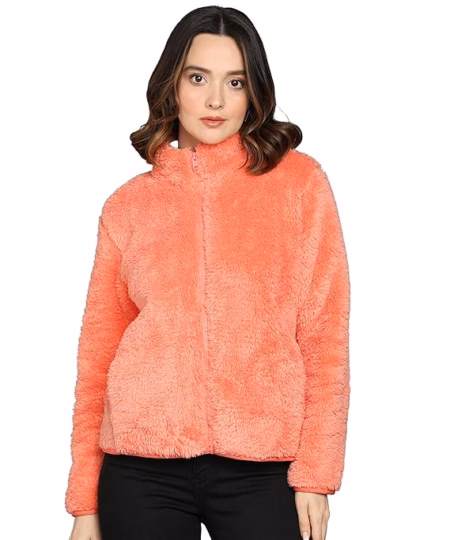 Women Polyester Fluffy Pink Jacket