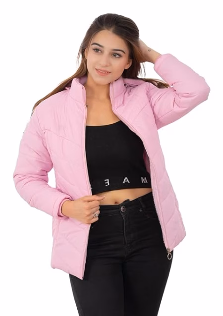 Women Hooded Collar Baby Pink Jacket