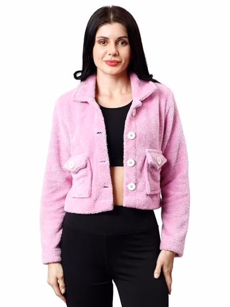 Women Solid Faux Fur Lavender Jacket