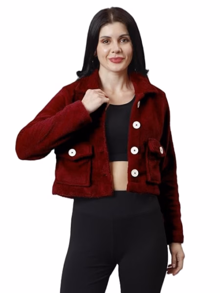 Women Solid Faux Fur Maroon Jacket