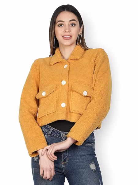 Women Solid Faux Fur Yellow Jacket