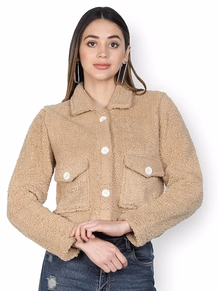 Women Solid Faux Fur Beige Jacket