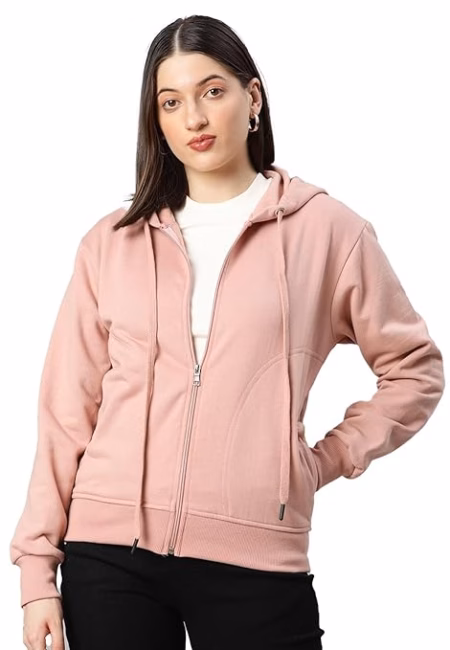 Women Solid Cotton Peach Hooded