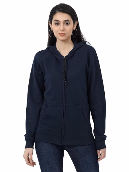 Women Cotton Plain Navy Blue Hooded