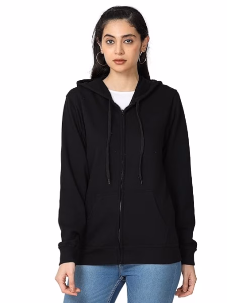 Women Cotton Plain Black Hooded
