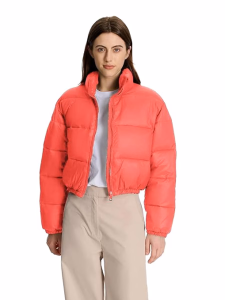 Women Solid Puffer Light Orange Jacket