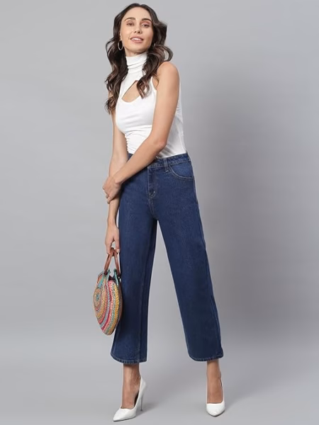 Womens High Rise Wide Space Blue Jeans