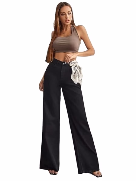 Womens High Rise Wide Dark Black Jeans