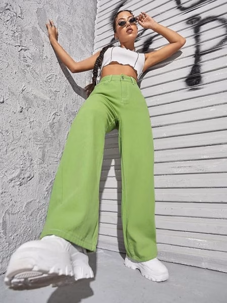 Womens High Rise Wide Parrot Green Jeans