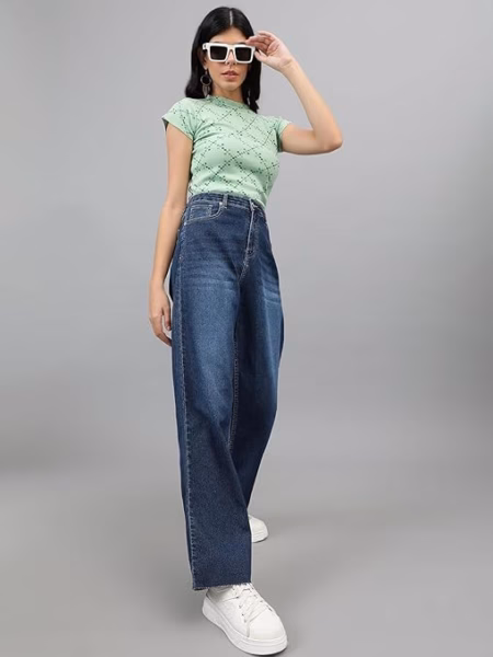 Womens High Rise Wide Mid Blue Jeans