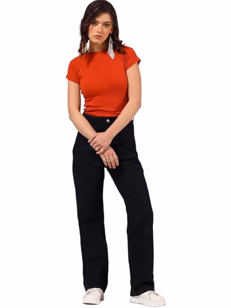 Women High Waisted Dark Black Jeans