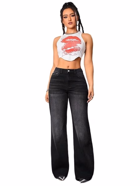 Women High Waisted Faded Black Jeans