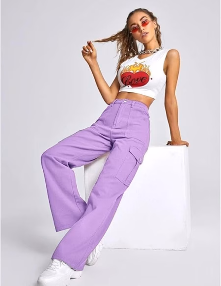Women High Waist Cargo Lavender Jeans