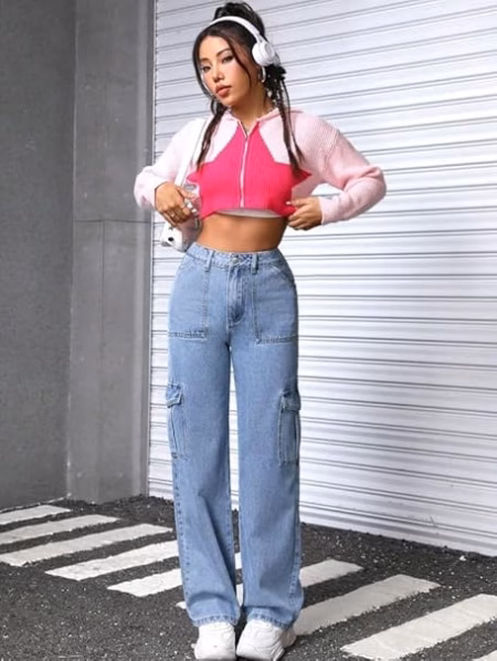 Women High Waist Cargo Light Blue Jeans