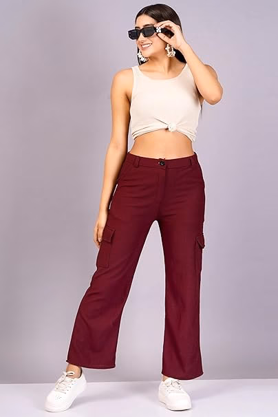 Women Cargo Baggy Maroon Jeans